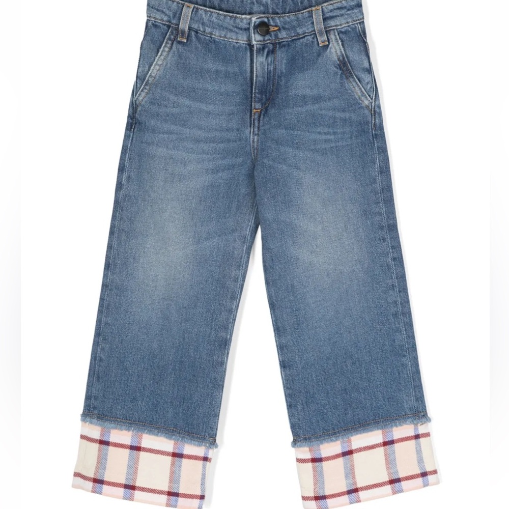 Palm Angels Blue Kids Jeans with Plaid Cuff